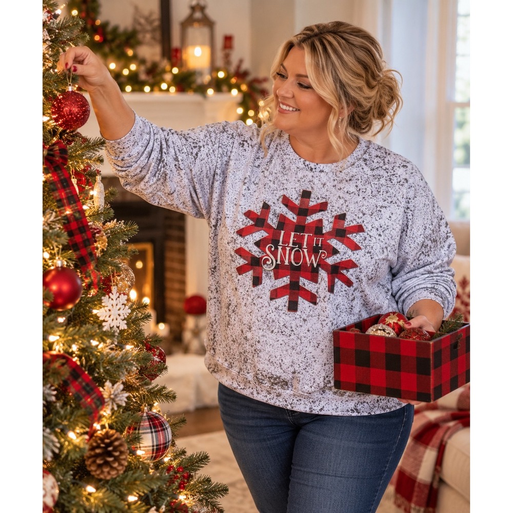 Gildan Sweatshirt XL Oversized White Gray "Let It Snow" Buffalo Plaid Snowflake